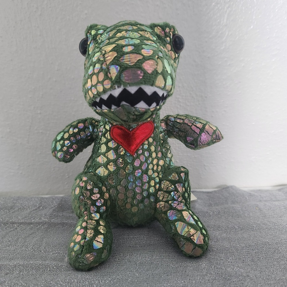 MTY International Green Iridescent‎ T-Rex Dinosaur Plush Red Heart 2023 6"